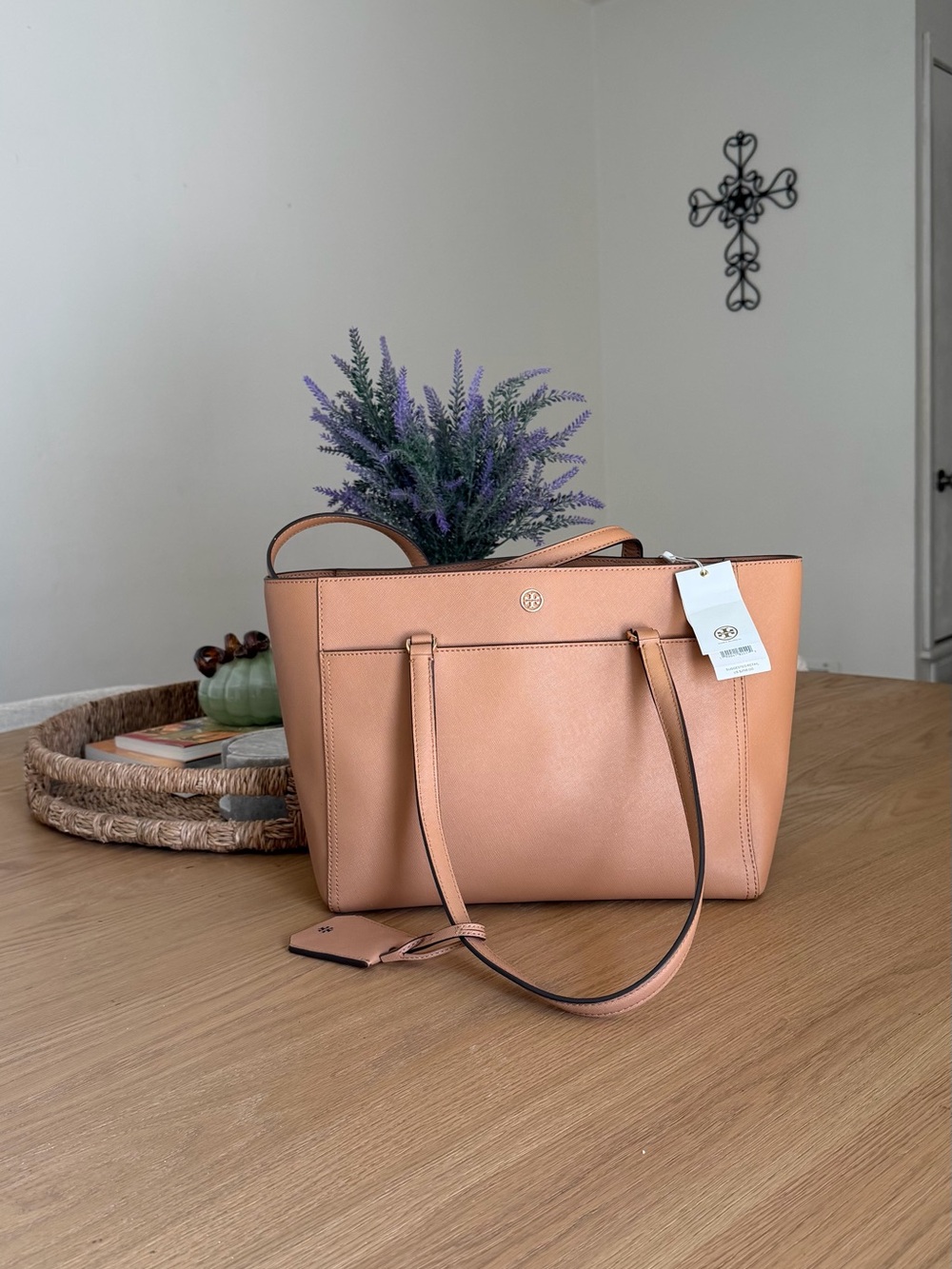 Tory Burch Blush Peach Leather Tote 15 inches in width and 10 inches in height.